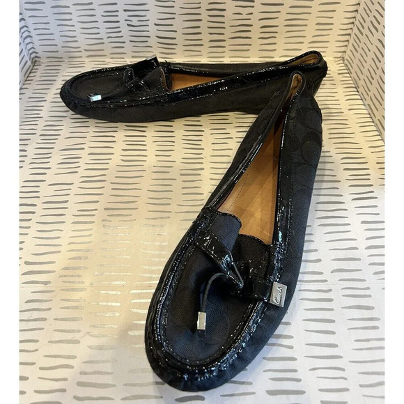 COACH Frida Black Signature Logo Canvas‎ Loafer Size US 8.5 With Bow Detail - Picture 1 of 11